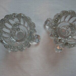 Vintage Jeannette Clear Glass Frosted Glass Footed Candle Holders Set of 2